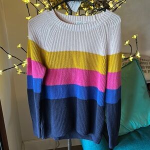 GAP White and Yellow Crew Neck Sweater with Ribbed Texture